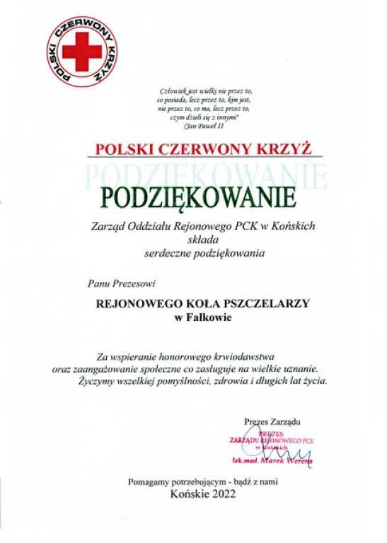 Honorowi Dawcy Krwi podziękowali pszczelarzom za miód