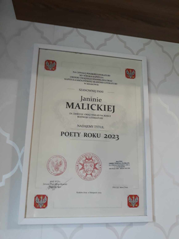 Janina Malicka wyróżniona w Międzynarodowym i Polonijnym Konkursie Literackim