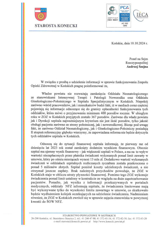 Starosta odpowiada Szejnie w sprawie szpitala