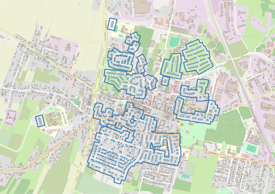 Mapa poglądowa Końskich z zaznaczoną dostępnością światłowodu