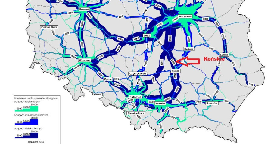 Prognozowane natężenie ruchu pasażerskiego. Według badań więcej pasażerów ma jeździć przez Końskie niż przez Skarżysko-Kamienną