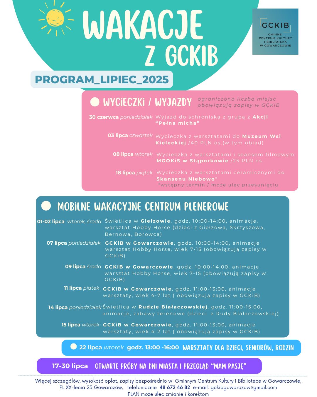 GCKiB w Gowarczowie zaprasza na wspólne wakacje dla dzieci i młodzieży