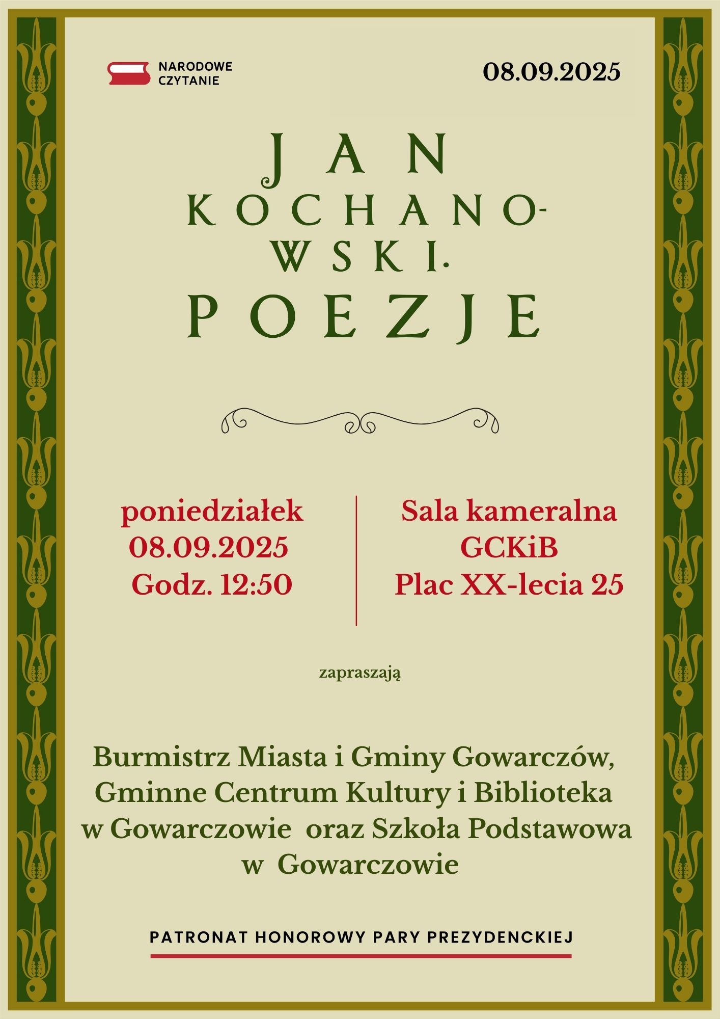 Narodowe czytanie w Gowarczowie. Młodzież będzie czytać Kochanowskiego