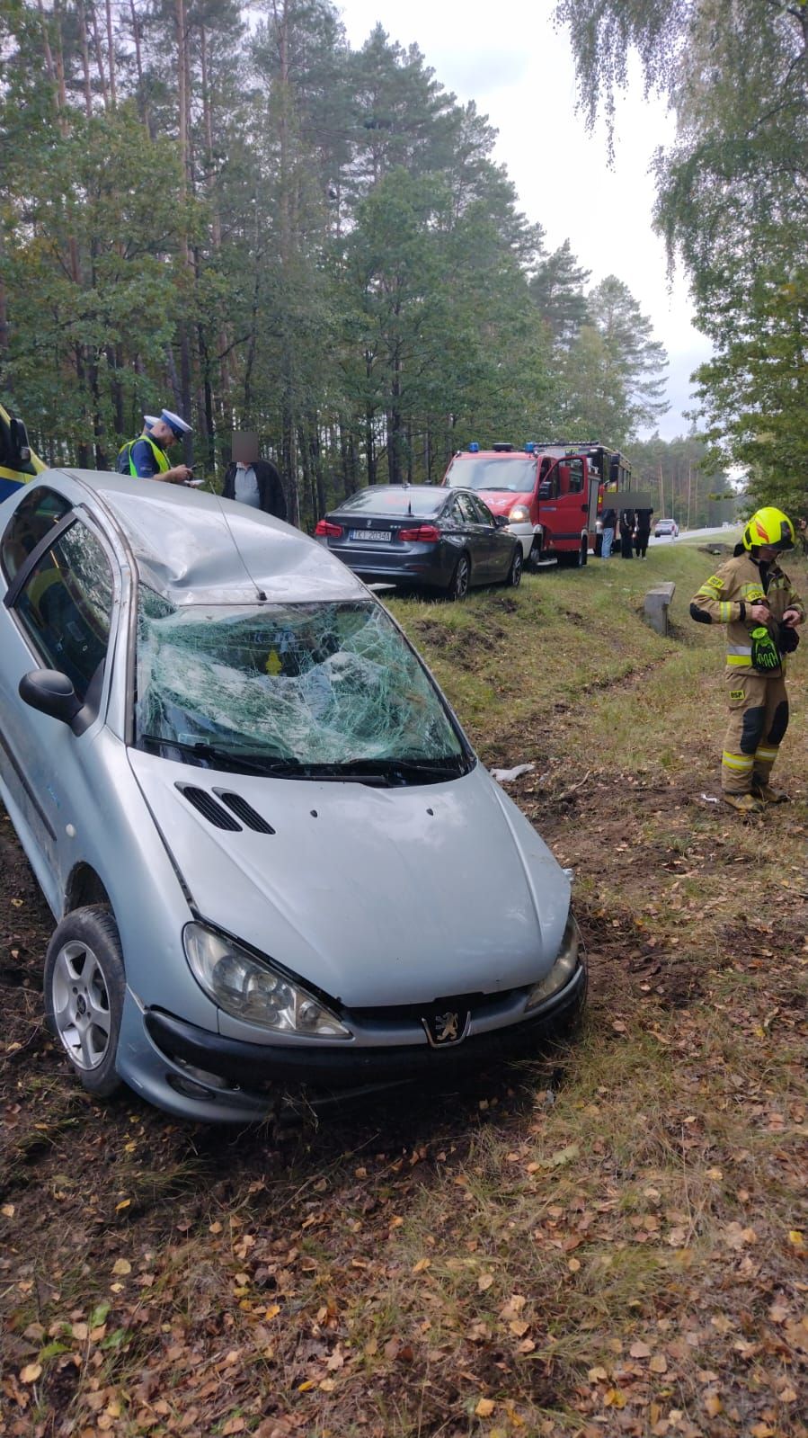 Dachowanie na DK 74. Peugeot wypadł z drogi