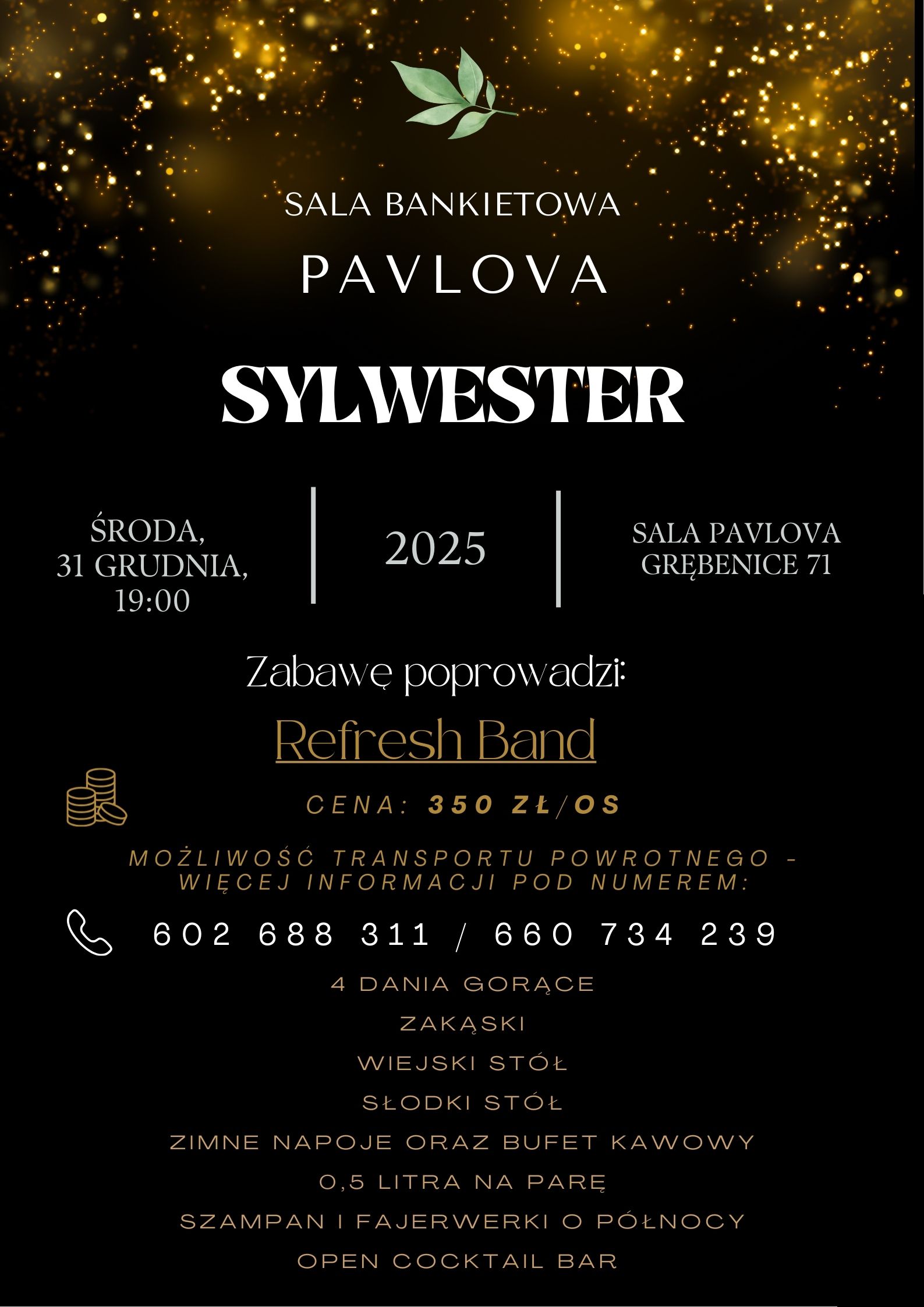 Sylwester 2025 w Sali Bankietowej Pavlova w Grębenicach