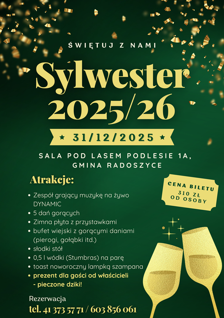 Sylwester 2025/26 w Sali pod Lasem. Zapisz się już dziś!
