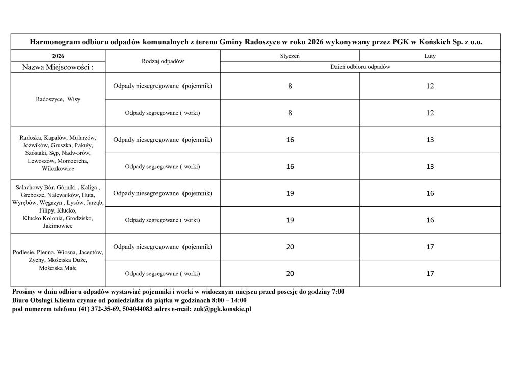 Harmonogram odbioru odpadów w 2026 roku w gminie Radoszyce