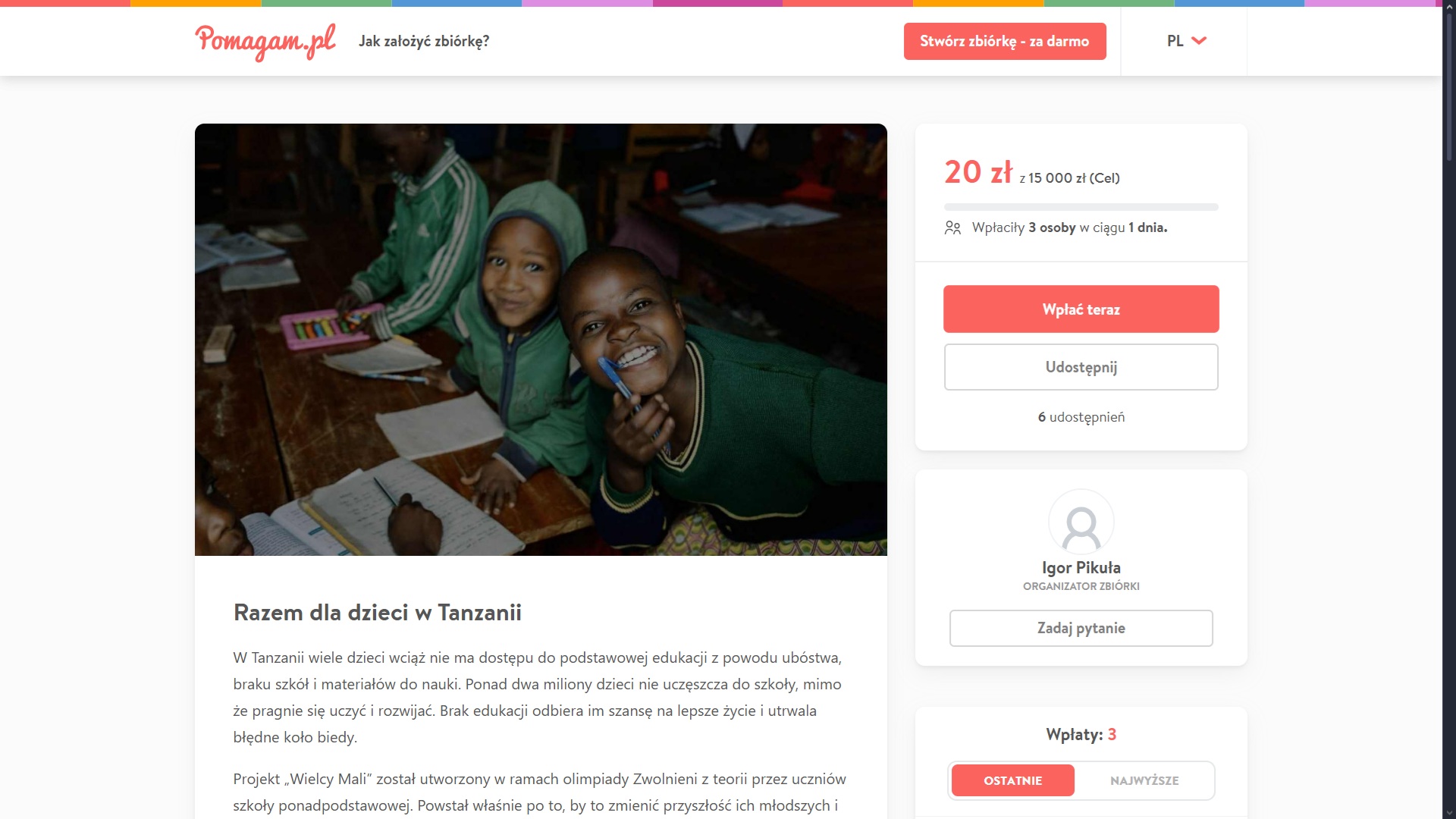 Trwa zbiórka online na rzecz edukacji dzieci z Tanzanii