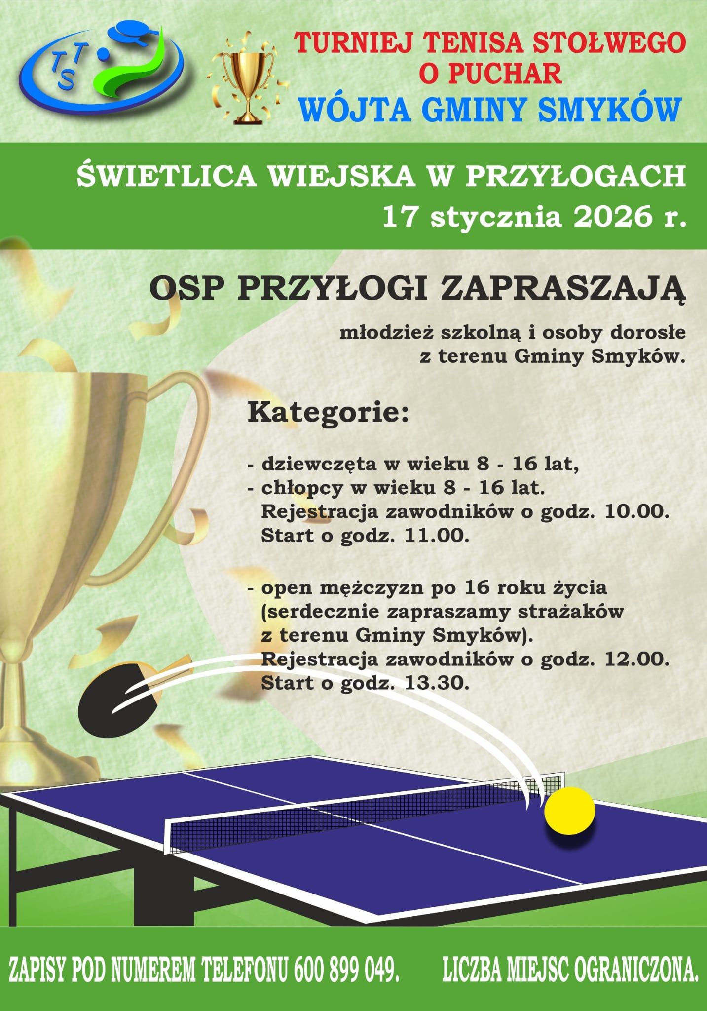 W Przyłogach zagrają w tenisa stołowego o Puchar Wójta Gminy Smyków